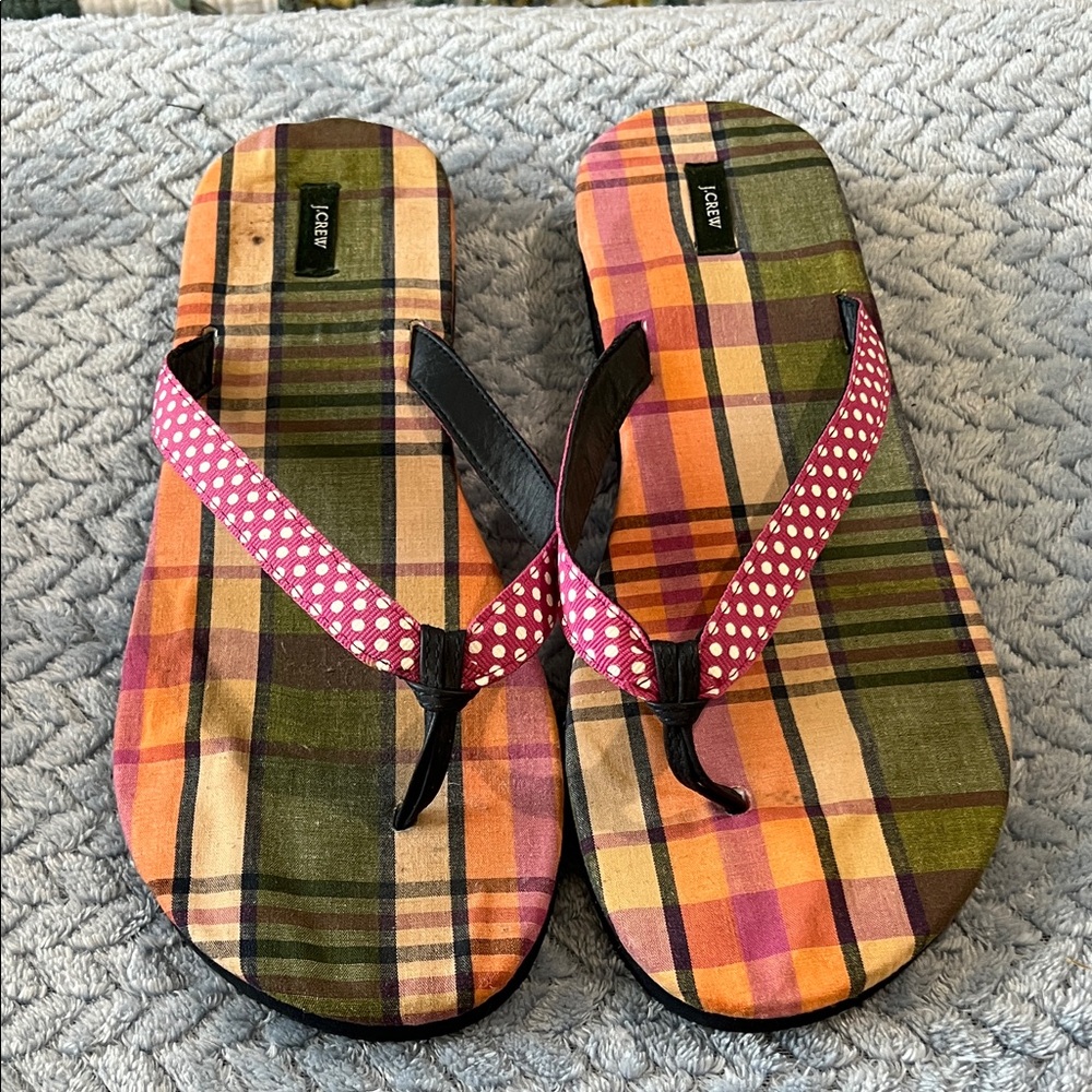 J. Crew Colorful Plaid Sandals with Pink Straps